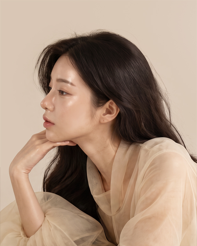 턱 아래에 손을 두고 옆을 바라보는 여성